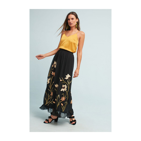 Anthropologie Flounced Floral Black Maxi Skirt 6